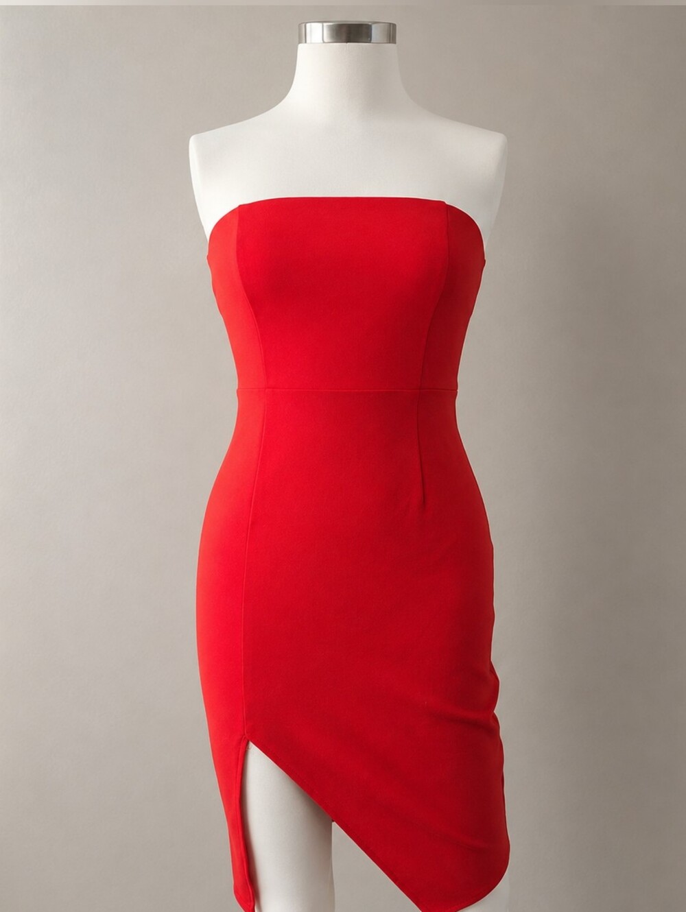 Lulus Red Asymmetrical Strapless Knee-Length Dress | XS | Side Slit Hem